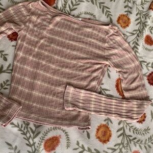 (On Hold) Ribbed Long Sleeve Blush Pink Cream Striped Top - Youth L